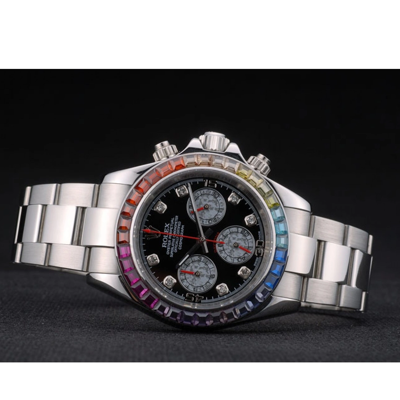 Best AAA Replica Sites Daytona Crystals 80250 Dial Rainbow Rolex Steep Black Strap Stainless Bezel Cosmograph 0704